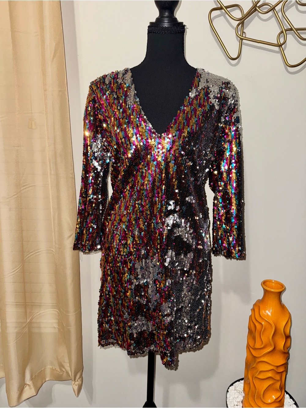 Zara Sequin V-Neck Party Tunic Dress - Multicolor